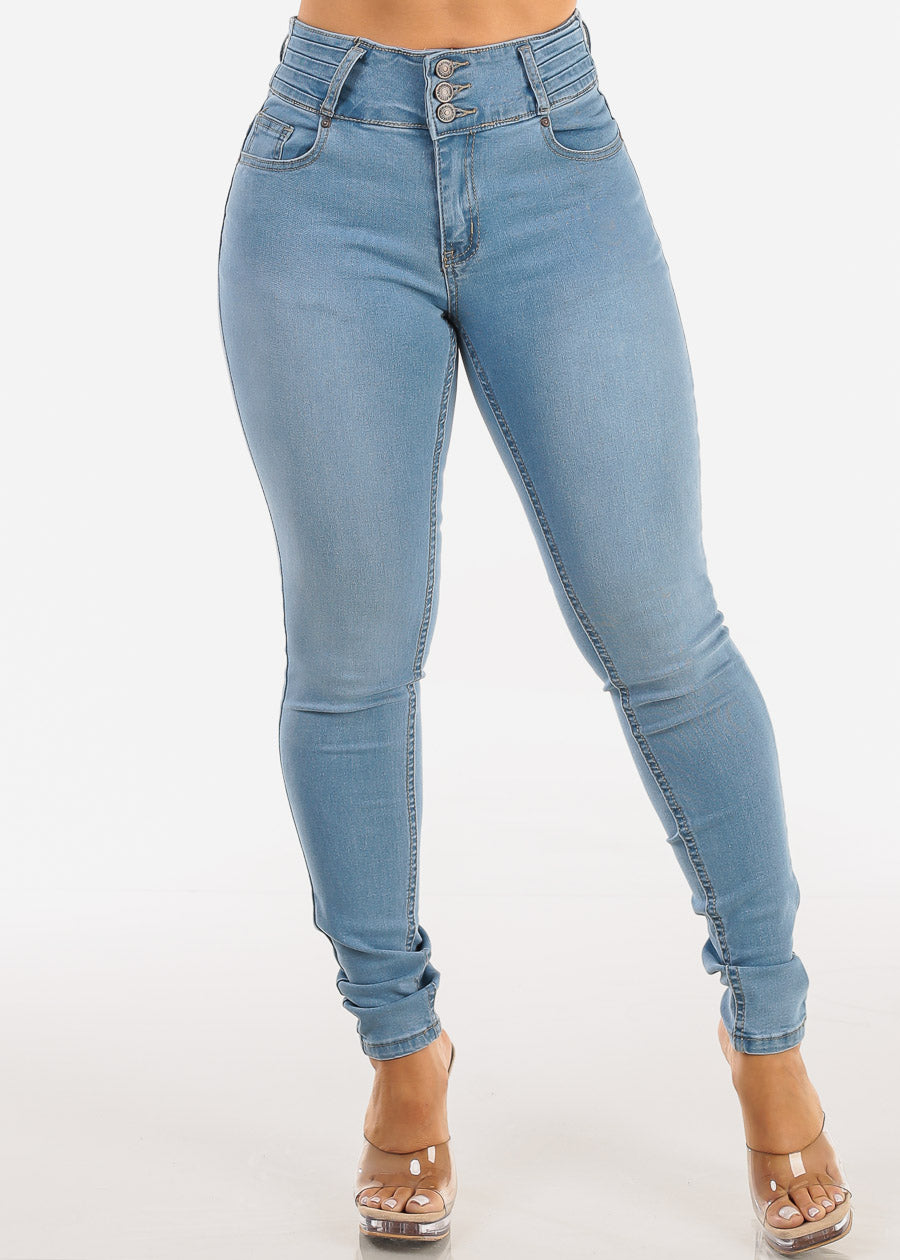 Butt Lifting Mid Rise Stretch Skinny Jeans Light Blue