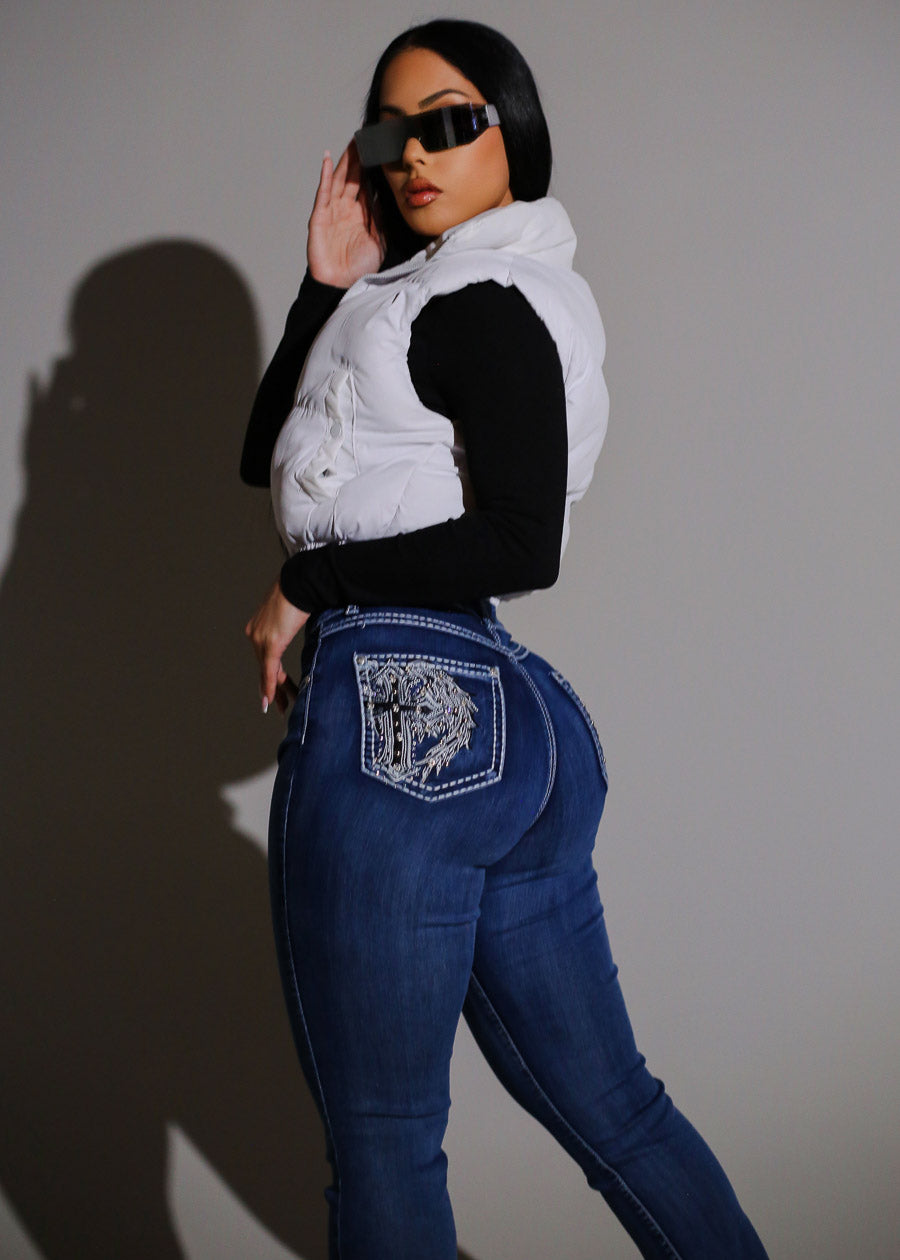 High Waist Bootcut Jeans w Back Cross Pocket Design