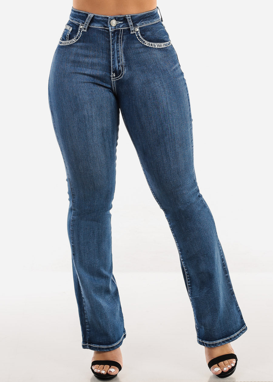 High Waist Bootcut Jeans w Back Cross Pocket Design