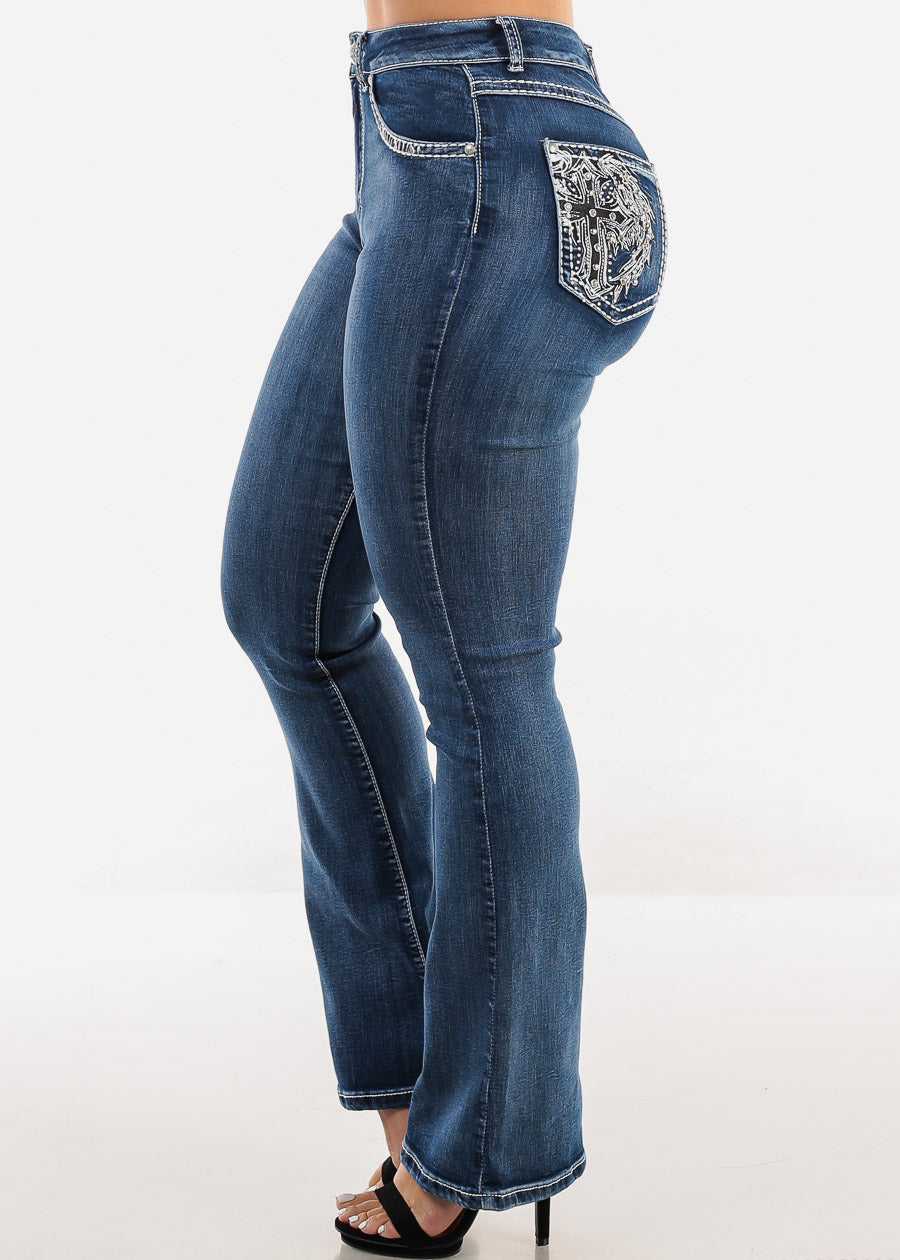 High Waist Bootcut Jeans w Back Cross Pocket Design