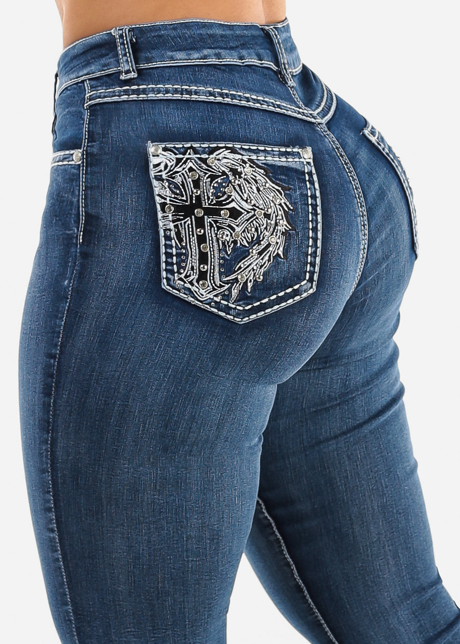 High Waist Bootcut Jeans w Back Cross Pocket Design