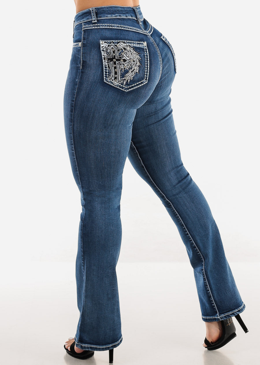 High Waist Bootcut Jeans w Back Cross Pocket Design