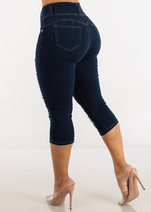 High Waist Butt Lifting Ripped Dark Denim Capris