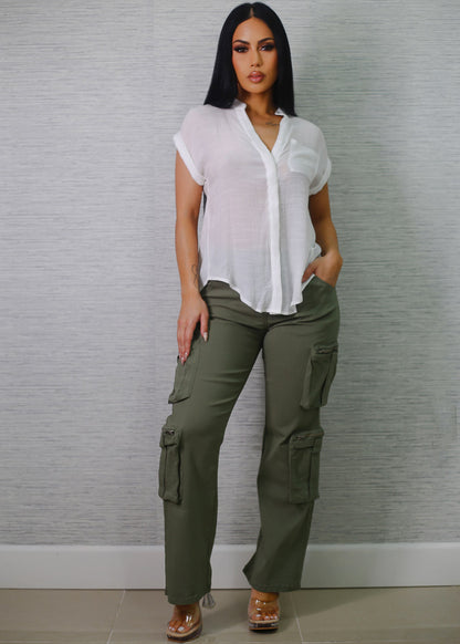 High Waist Hyper Stretch Straight Wide Leg Cargo Pants Olive