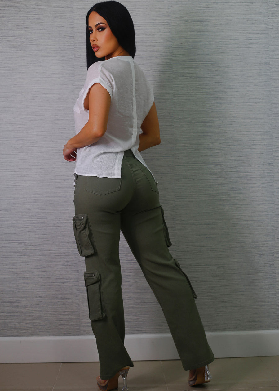 High Waist Hyper Stretch Straight Wide Leg Cargo Pants Olive