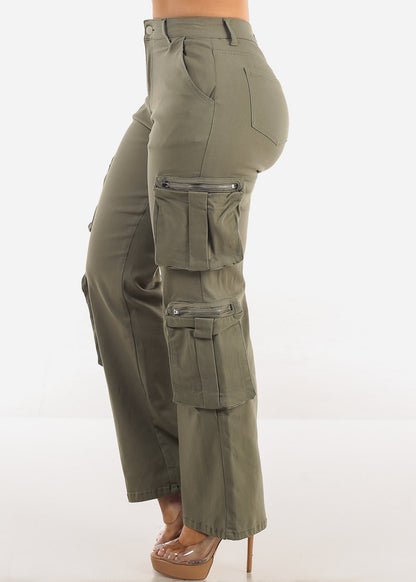 High Waist Hyper Stretch Straight Wide Leg Cargo Pants Olive