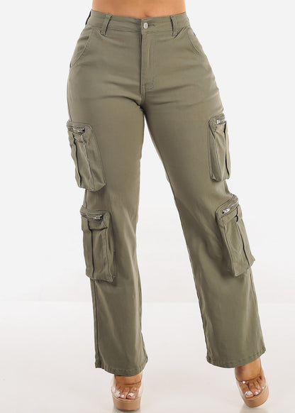 High Waist Hyper Stretch Straight Wide Leg Cargo Pants Olive