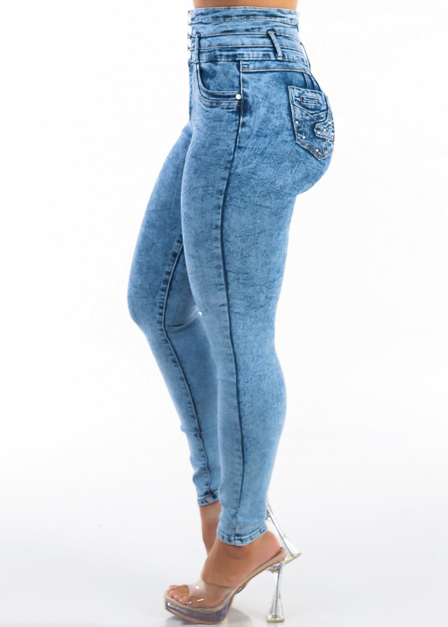 Butt Lift Super High Waist Acid Wash Stretch Skinny Jeans, view 4 of 7