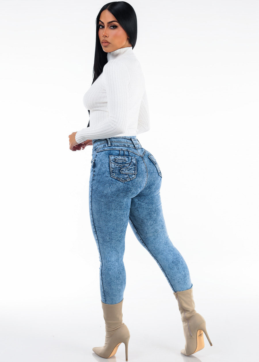 Butt Lift Super High Waist Acid Wash Stretch Skinny Jeans, view 6 of 7