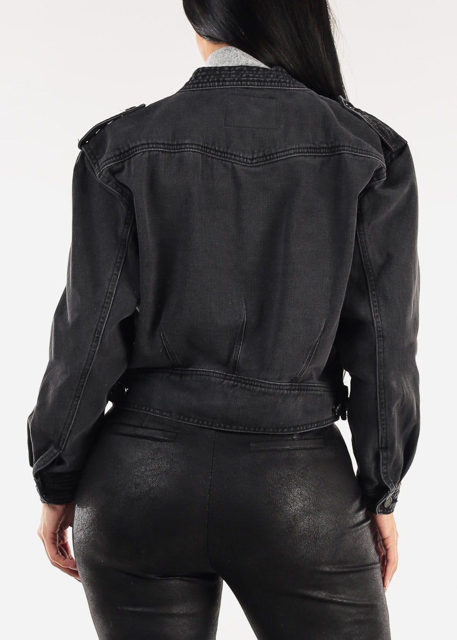 Long Sleeve Button Up Cotton Denim Jacket Black Acid Wash