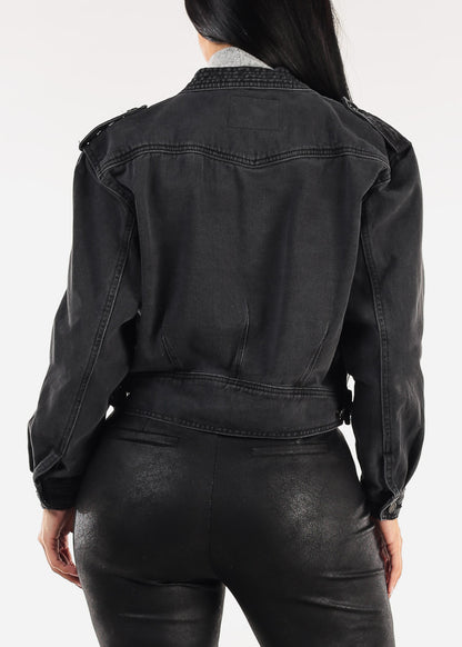 Long Sleeve Button Up Cotton Denim Jacket Black Acid Wash