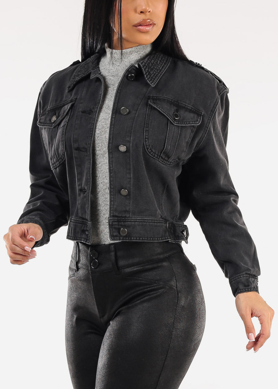 Long Sleeve Button Up Cotton Denim Jacket Black Acid Wash