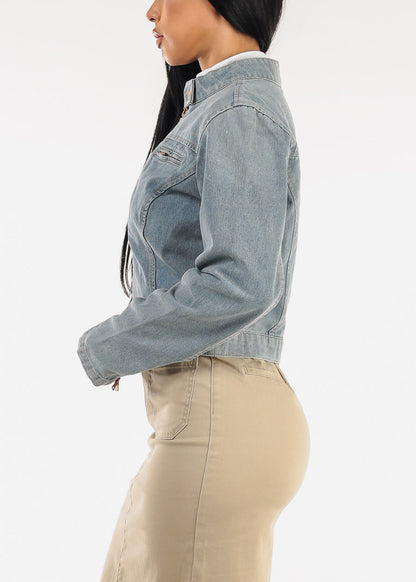 Long Sleeve Zip Up Denim Jacket Bleach Wash