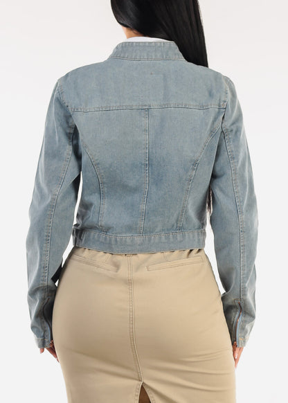 Long Sleeve Zip Up Denim Jacket Bleach Wash