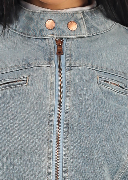 Long Sleeve Zip Up Denim Jacket Bleach Wash