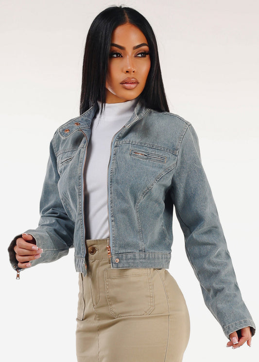 Long Sleeve Zip Up Denim Jacket Bleach Wash