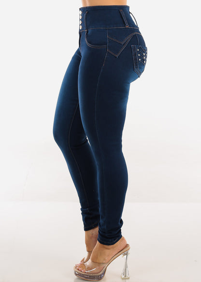 Butt Lift High Waisted Stretch Skinny Jeans Dark Blue