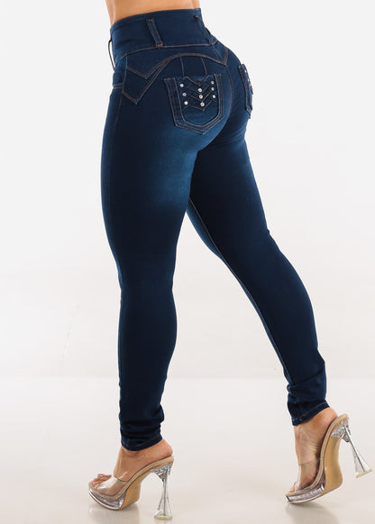 Butt Lift High Waisted Stretch Skinny Jeans Dark Blue