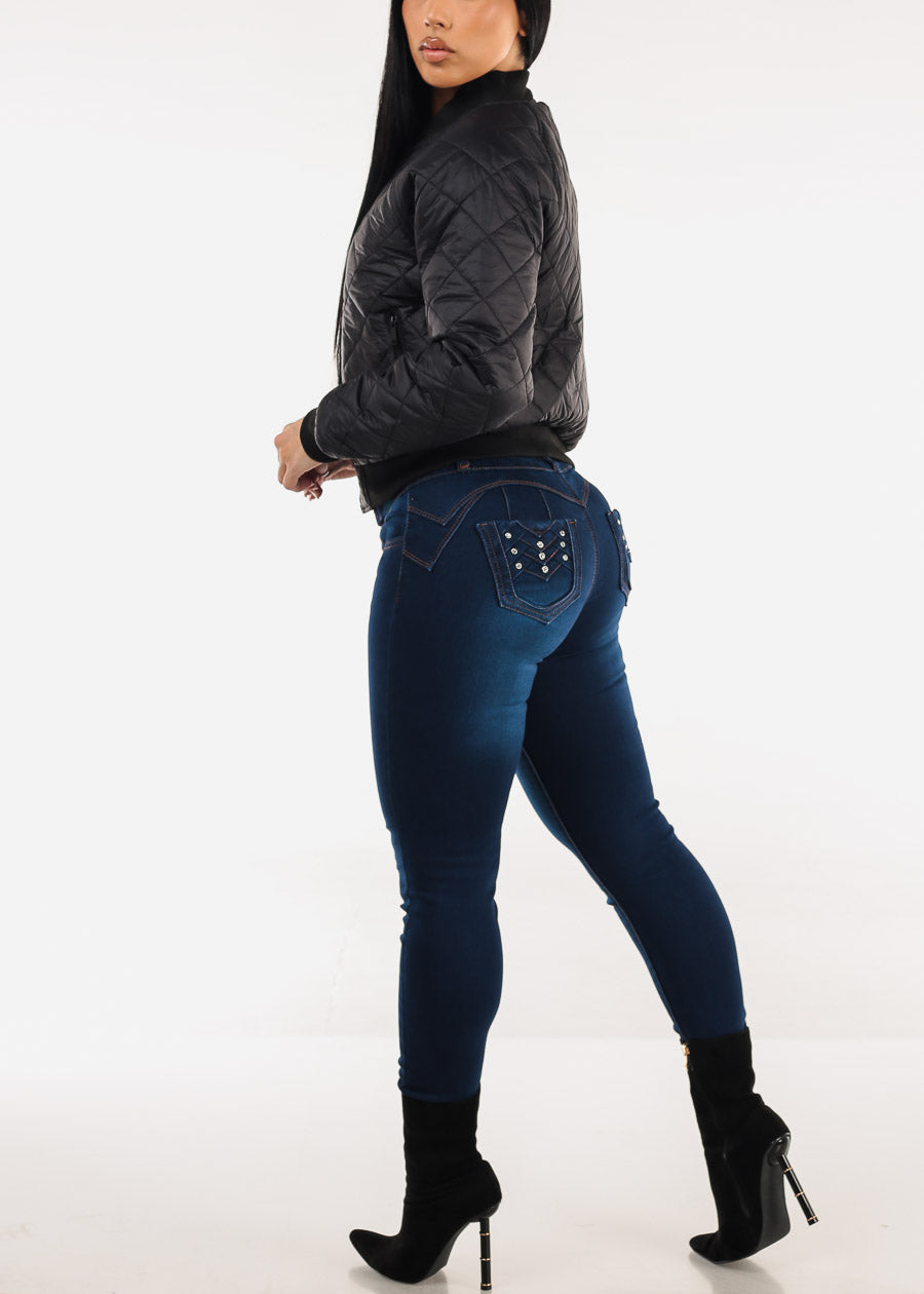 Butt Lift High Waisted Stretch Skinny Jeans Dark Blue