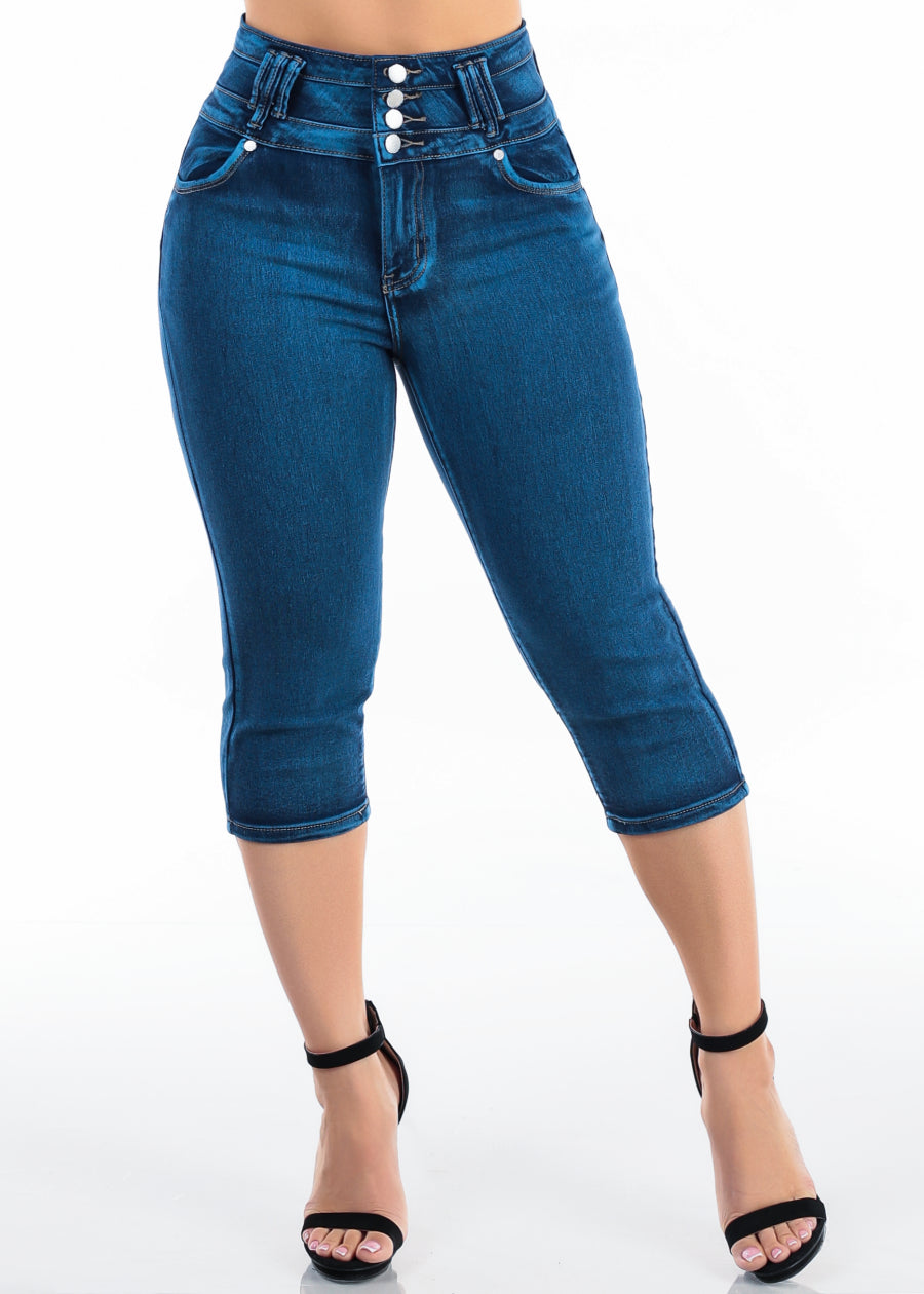 MX JEANS Butt Lift Super High Waist Stretch Denim Capris Mid Sand Wash