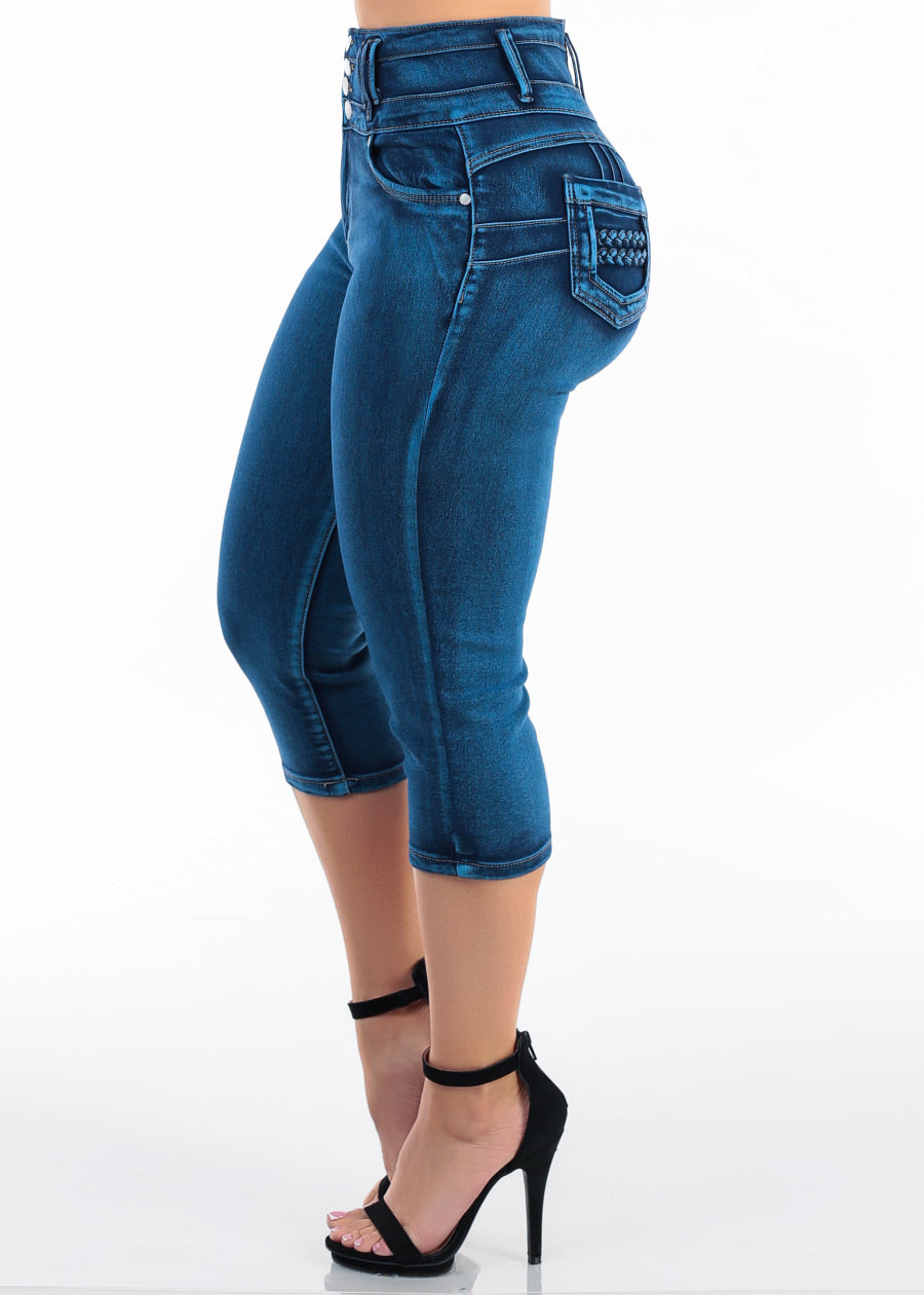 MX JEANS Butt Lift Super High Waist Stretch Denim Capris Mid Sand Wash