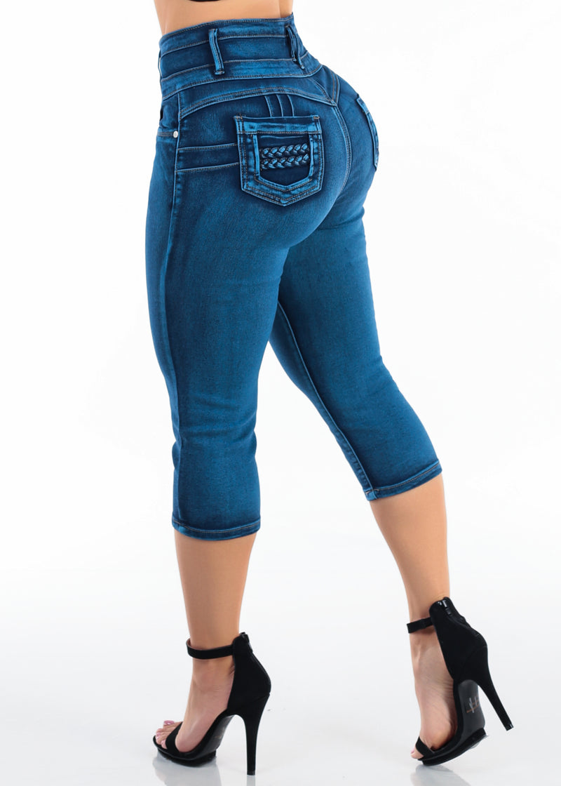 MX JEANS Butt Lift Super High Waist Stretch Denim Capris Mid Sand Wash