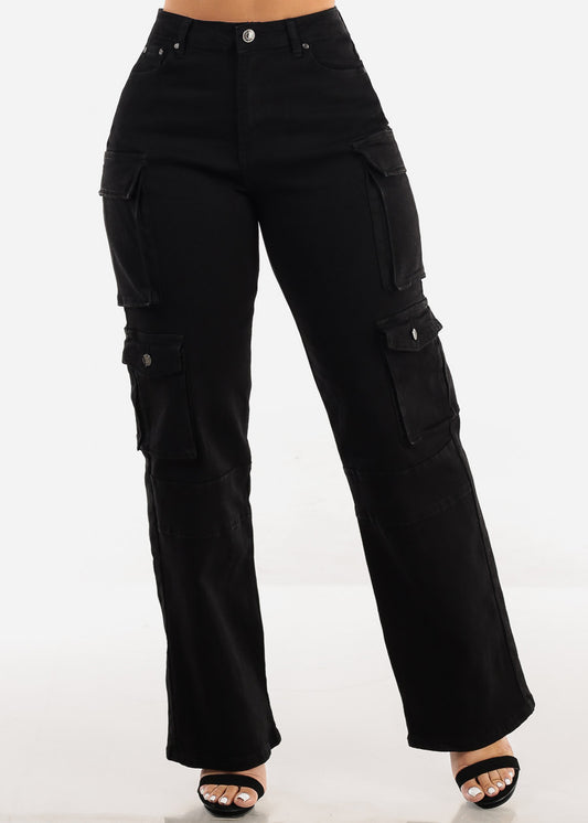 Super High Waist Straight Wide Leg Black Cargo Jeans