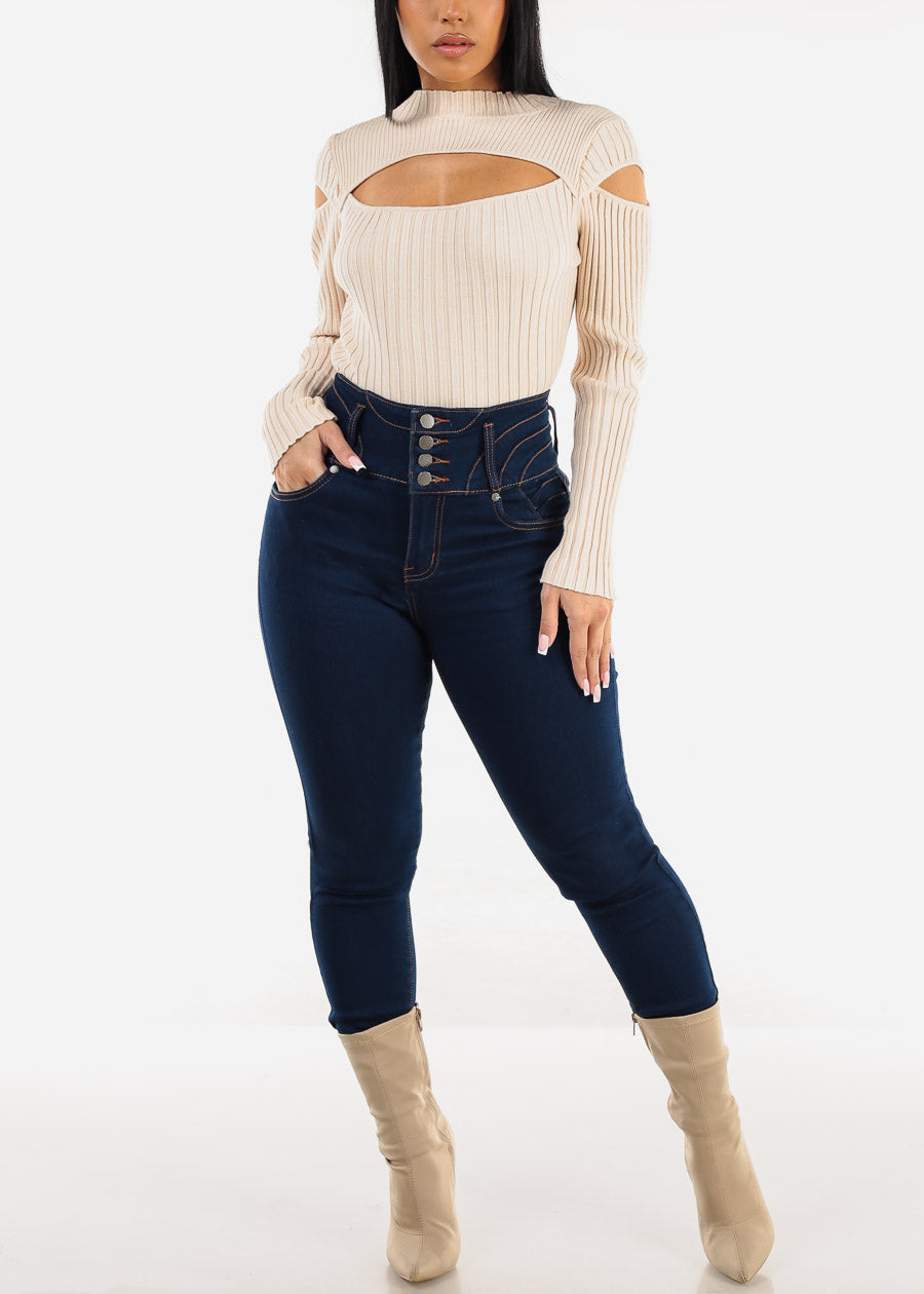 Butt Lift Super High Rise Thick Waist Dark Skinny Jeans 