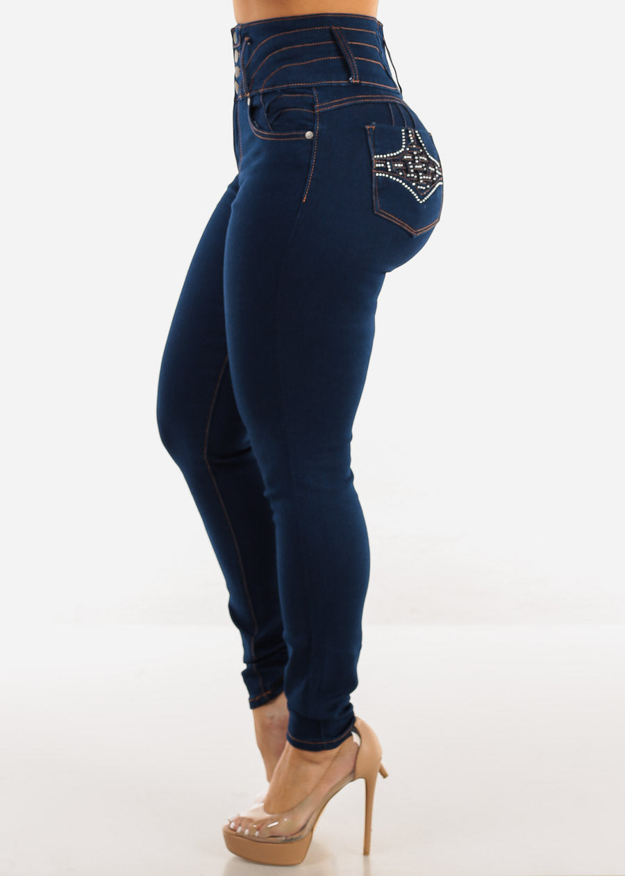 Butt Lift Super High Rise Thick Waist Dark Skinny Jeans 