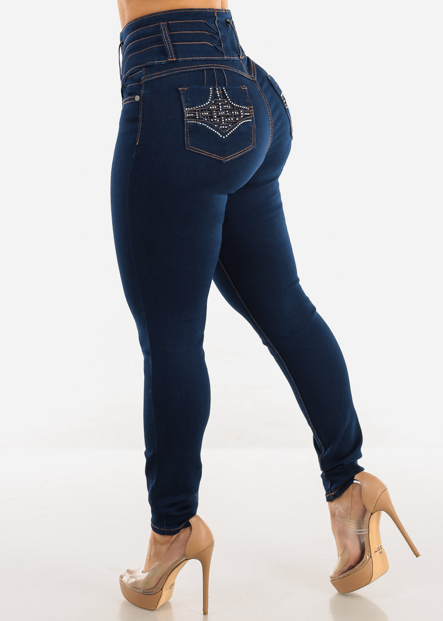 Butt Lift Super High Rise Thick Waist Dark Skinny Jeans 