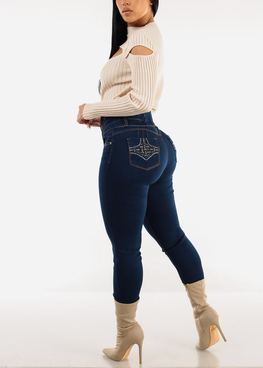 Butt Lift Super High Rise Thick Waist Dark Skinny Jeans 