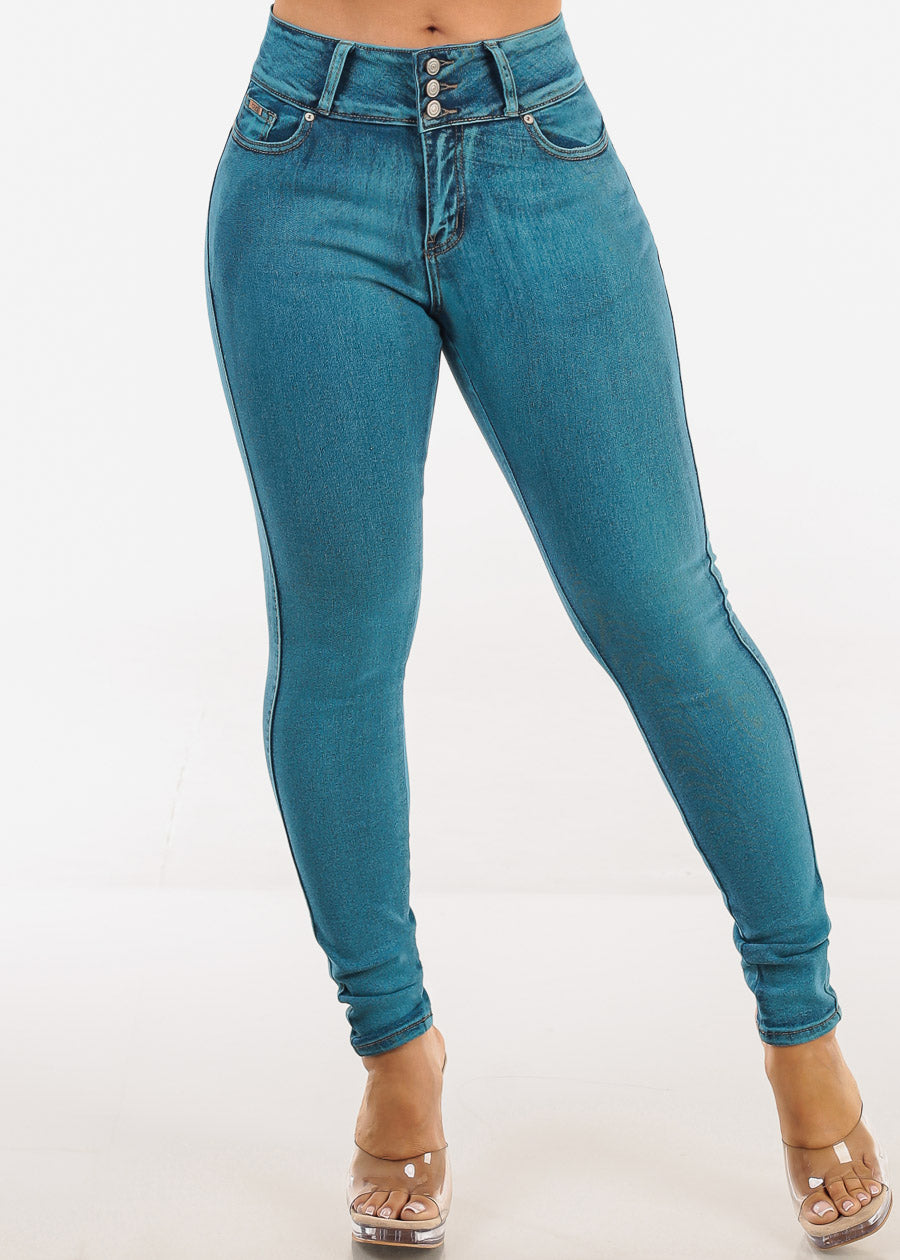 Butt Lift Mid Rise Stretch Skinny Jeans Teal