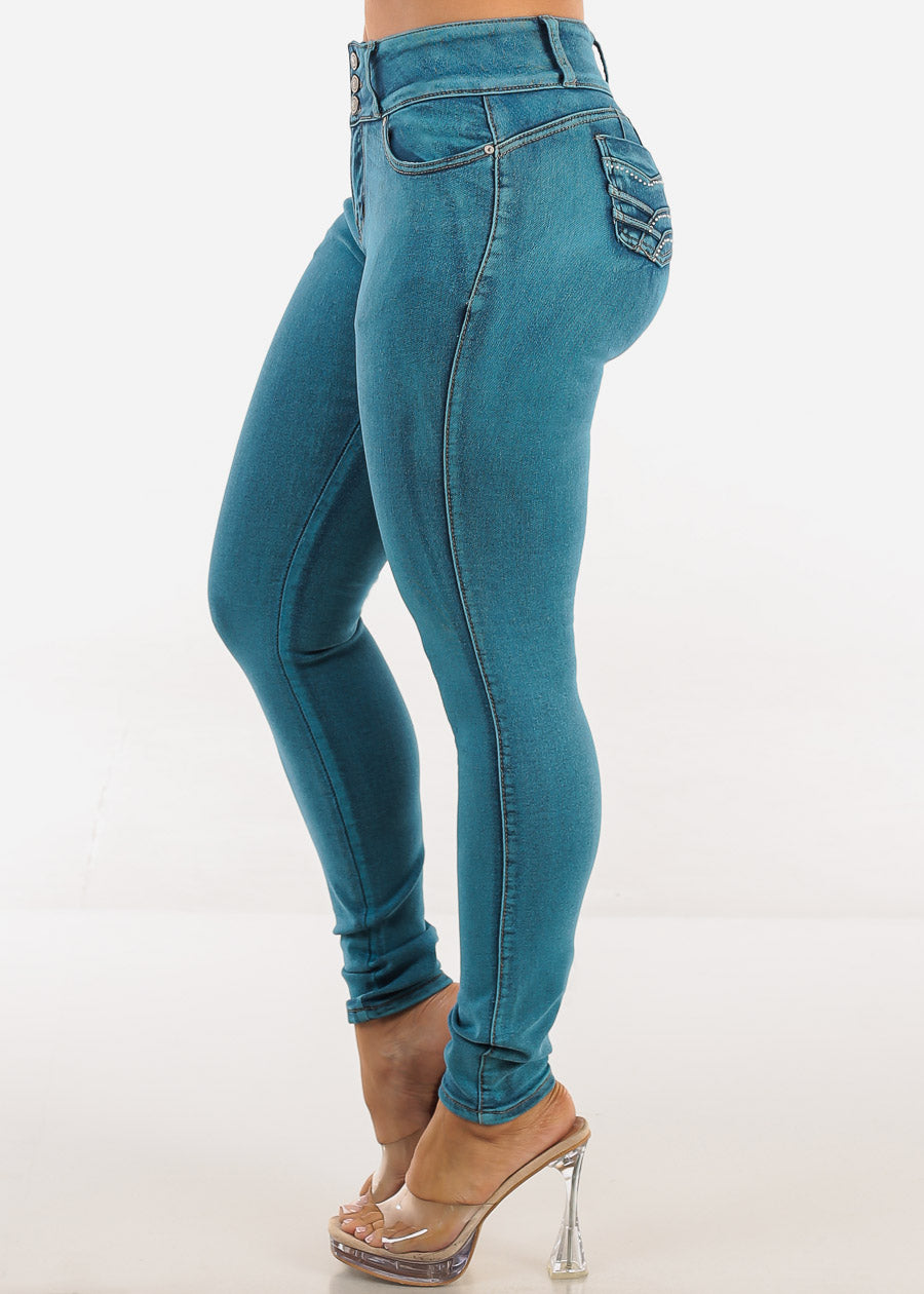 Butt Lift Mid Rise Stretch Skinny Jeans Teal