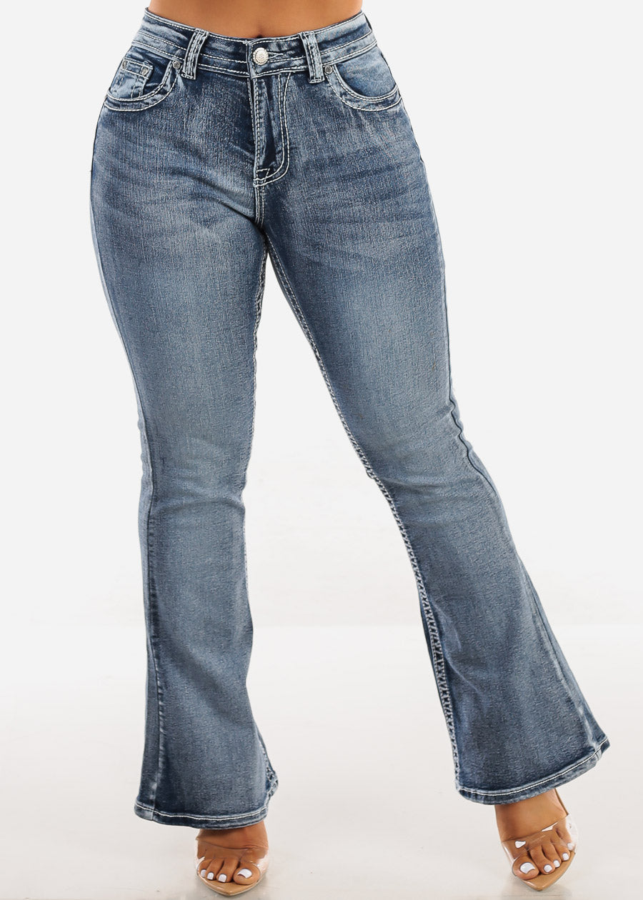 High Waist Flared Bootcut Jeans w Back Pocket Design