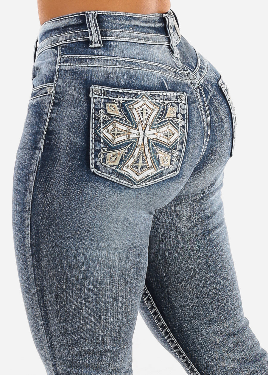 High Waist Flared Bootcut Jeans w Back Pocket Design