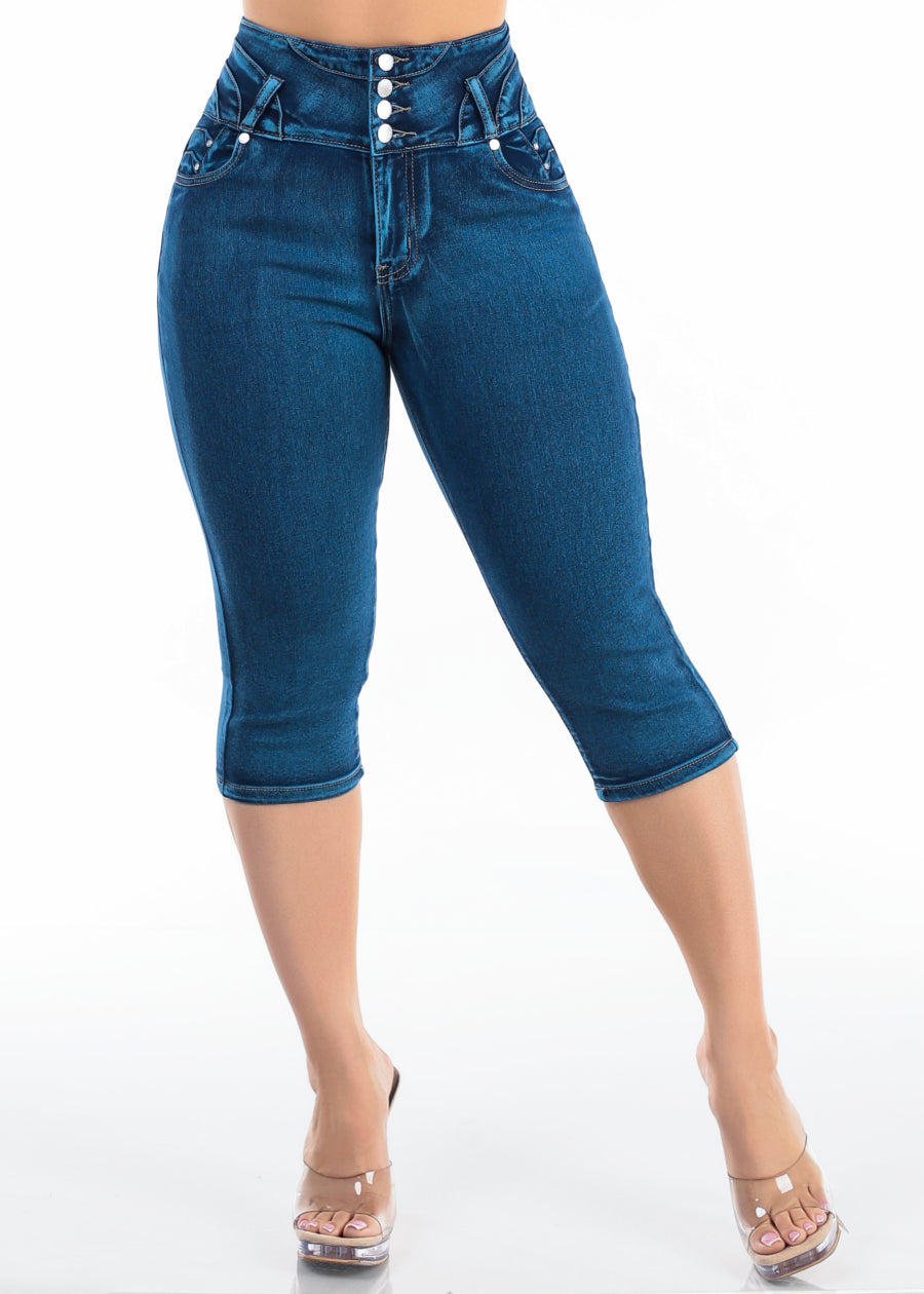 Butt Lift Super High Waisted Stretch Denim Capris Mid Sand Wash