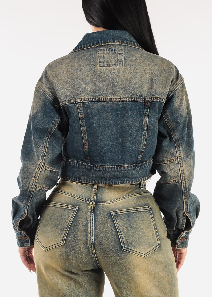 Long Sleeve Button Up Crop Vintage Denim Jacket