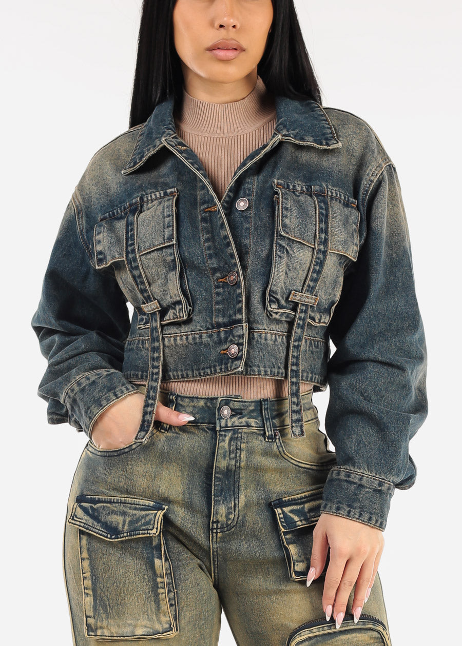 Long Sleeve Button Up Crop Vintage Denim Jacket