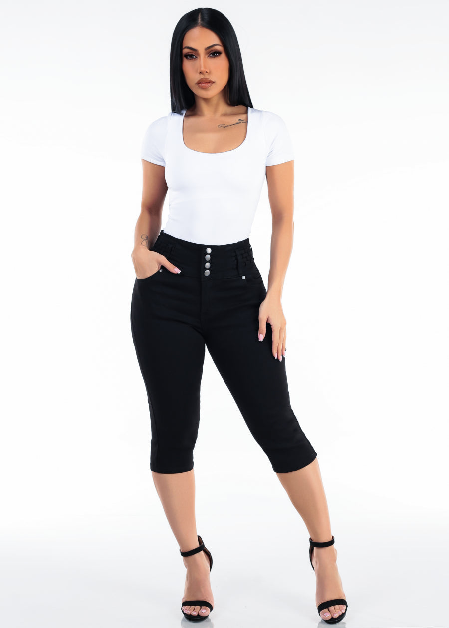 Butt Lift High Waisted Stretch Black Denim Capris