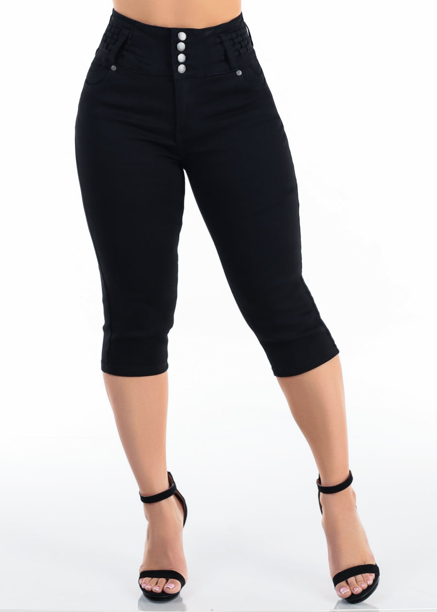Butt Lift High Waisted Stretch Black Denim Capris
