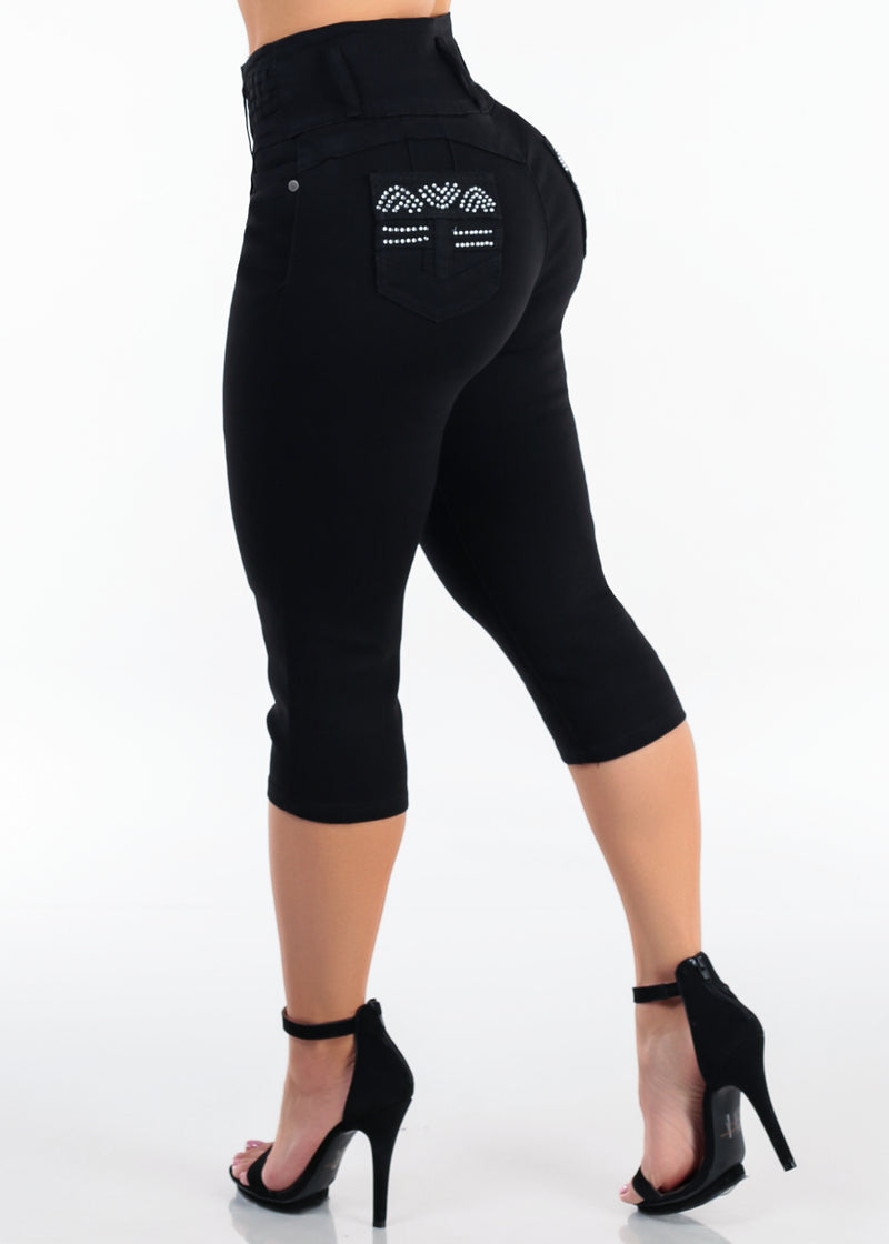 Butt Lift High Waisted Stretch Black Denim Capris