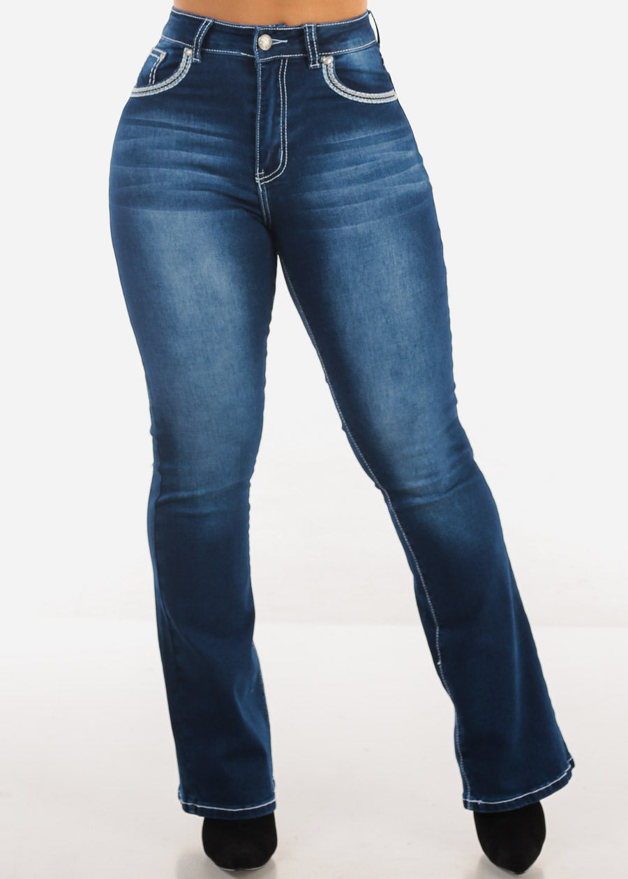 Super High Waist Dark Bootcut Jeans w Back Pocket Design