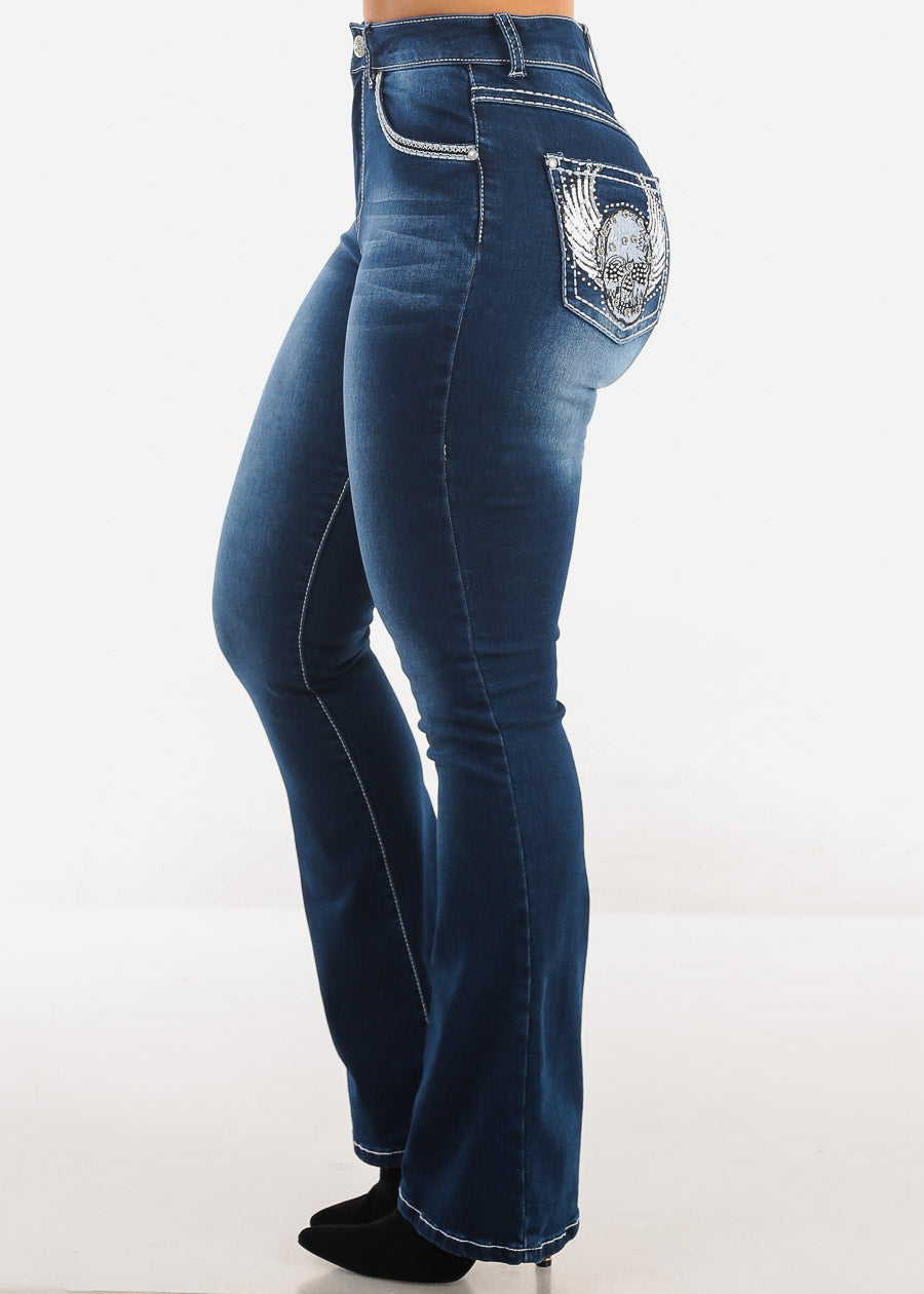 Super High Waist Dark Bootcut Jeans w Back Pocket Design