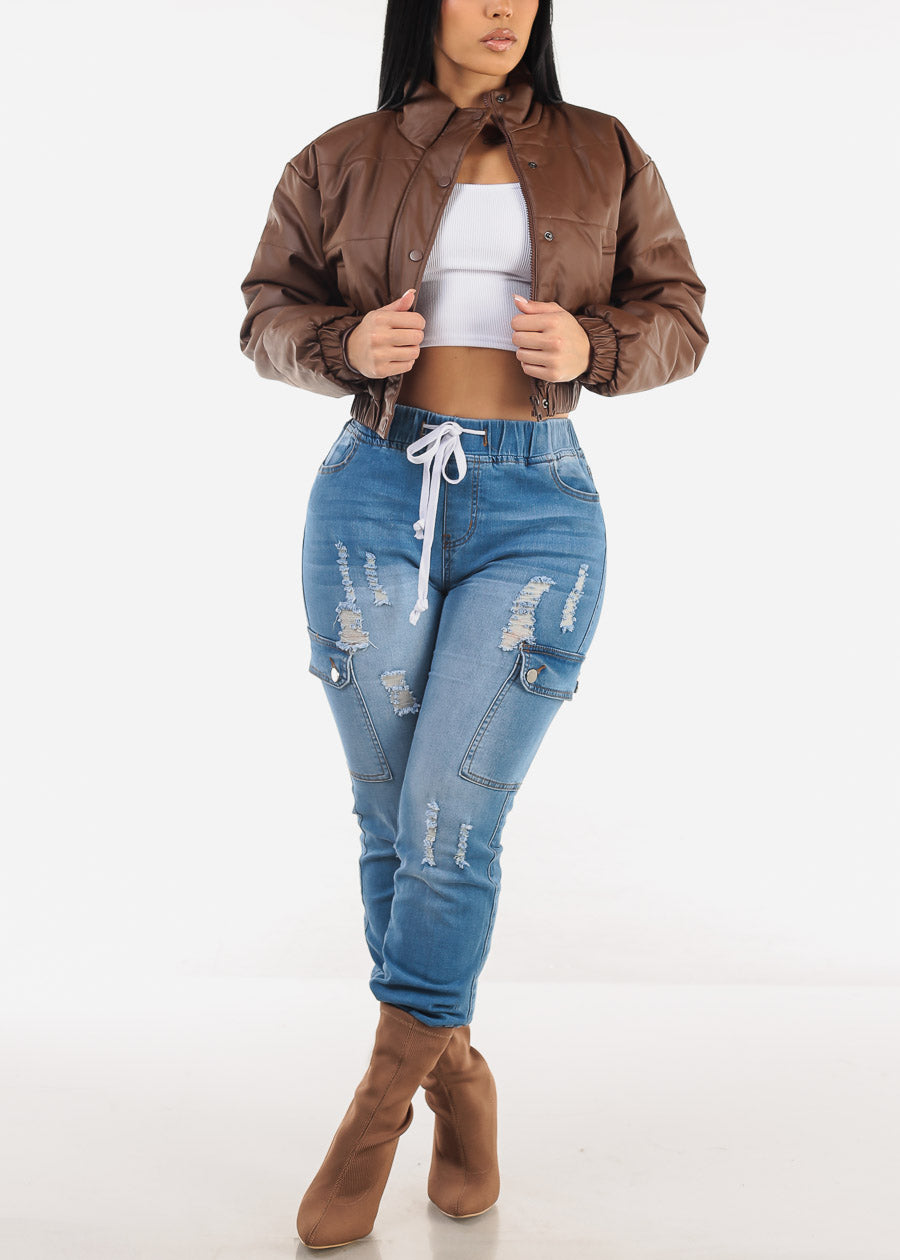 High Waist Distressed Cargo Jogger Jeans Med Blue