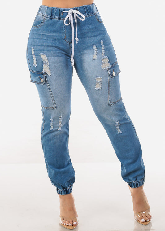 High Waist Distressed Cargo Jogger Jeans Med Blue