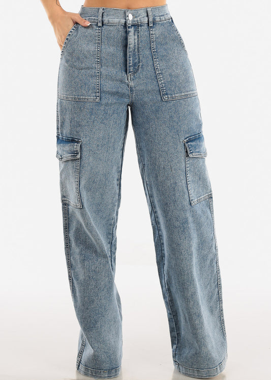 High Waist Wide Straight Leg Cargo Jeans Acid Wash