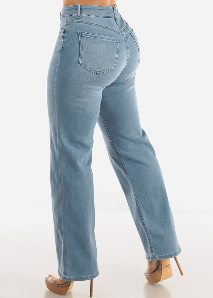 High Waist Wide Leg Straight Stretch Light Jeans