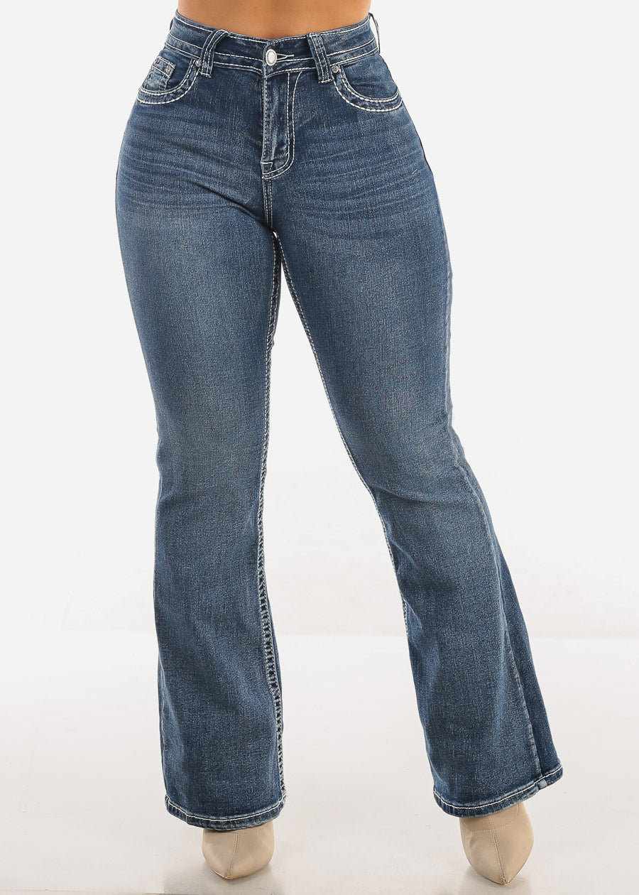 High Waist Vintage Wash Bootcut Jeans w Back Pocket Design