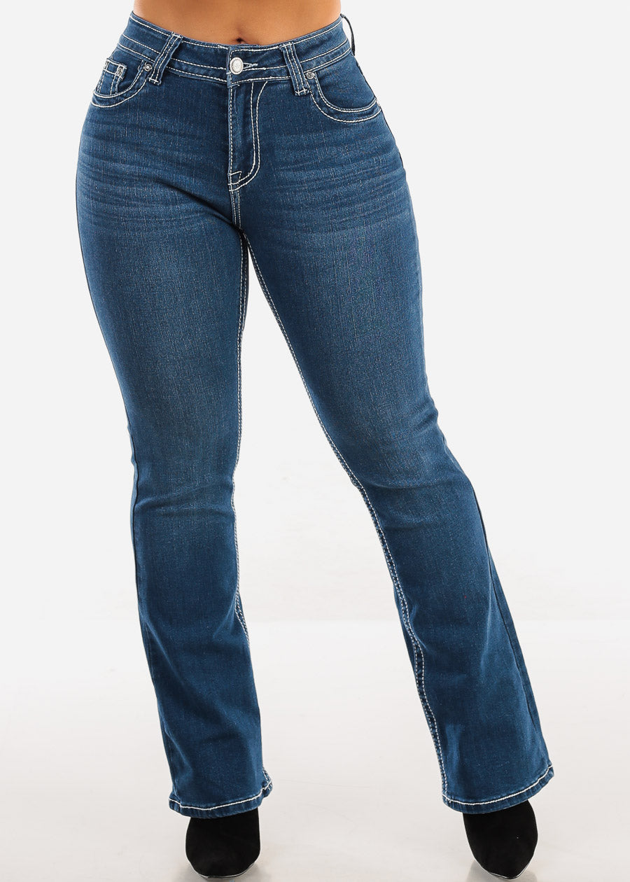 High Waist Indigo Bootcut Jeans w Back Pocket Design