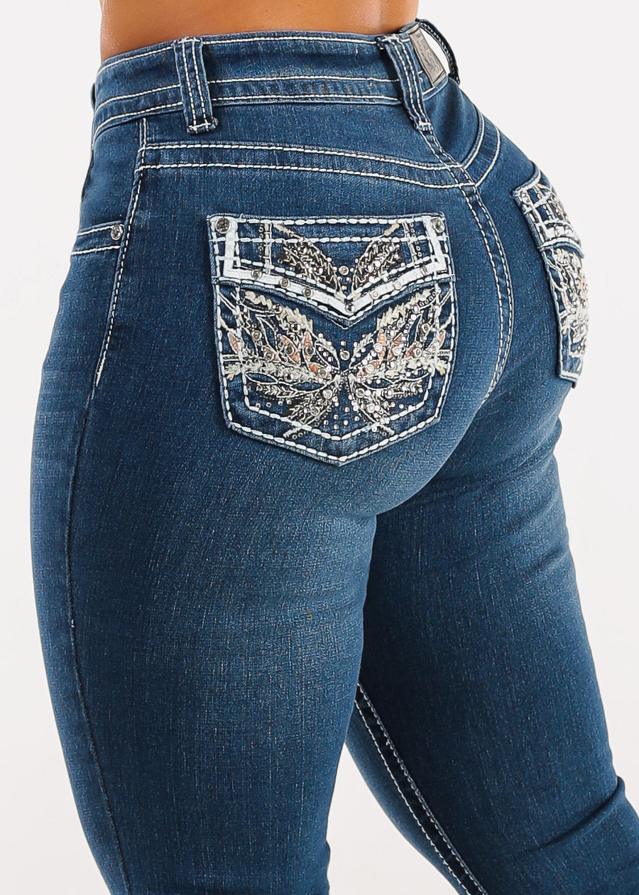 High Waist Indigo Bootcut Jeans w Back Pocket Design